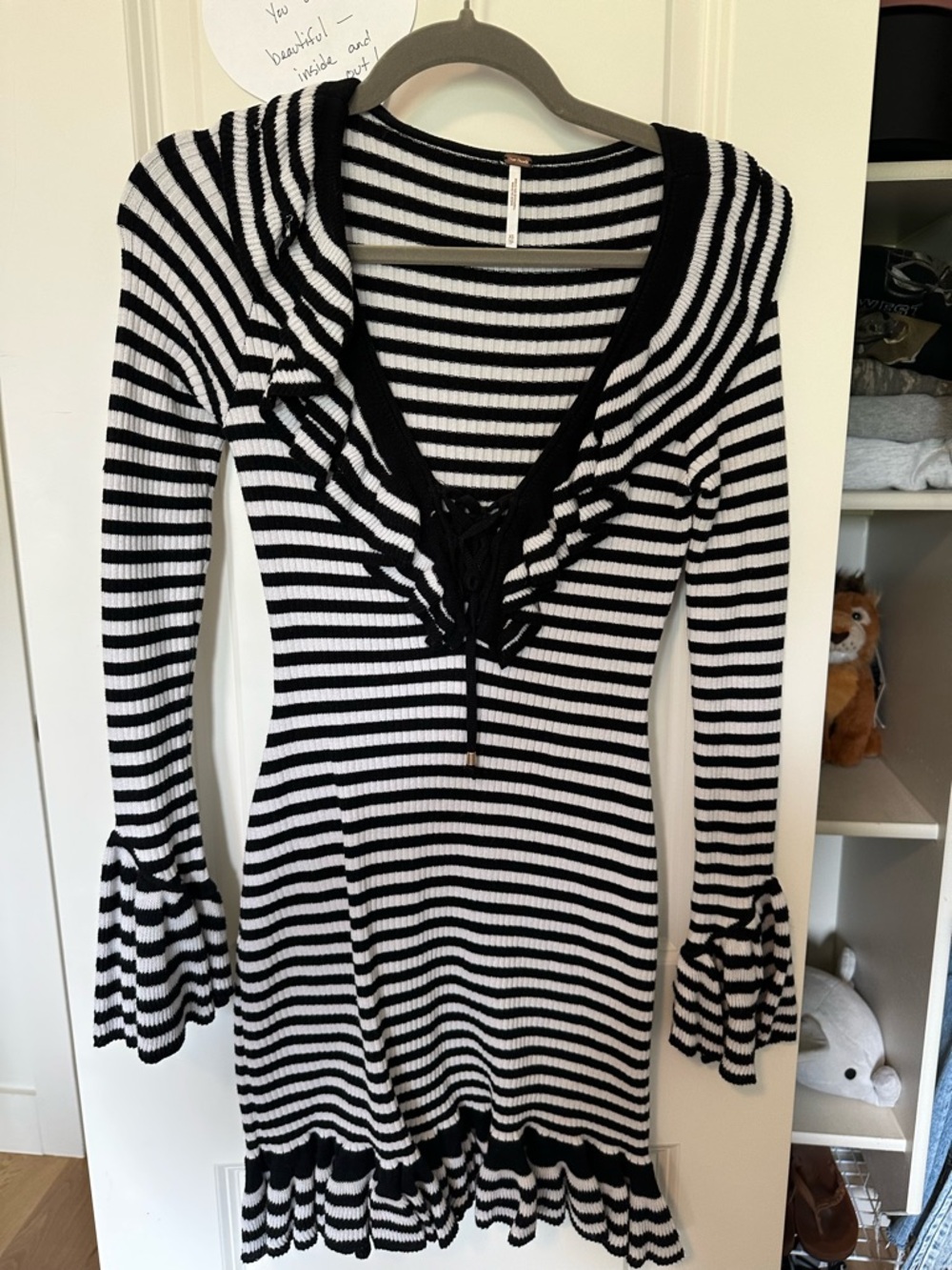 Free People Black and White Striped Long Sleeve Sweater Dress